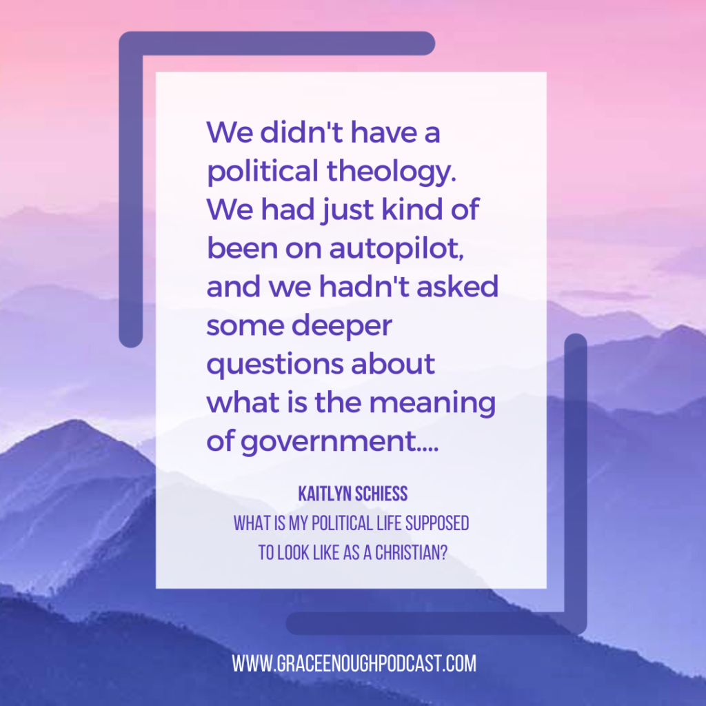 We didn't have a political theology. We had just kind of been on autopilot, and we hadn't asked some deeper questions about what is the meaning of government....